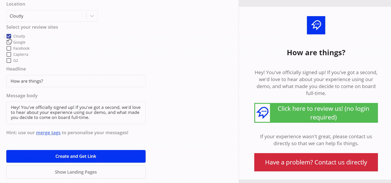 Create your review landing page in under 30 seconds